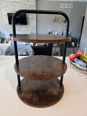 3-Tier Wood and Black Metal Stand - Rustic Dark Brown